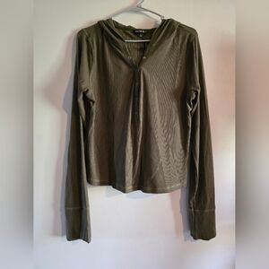 Cotton Bleu Olive Green Ribbed Henley With Hood Size XL